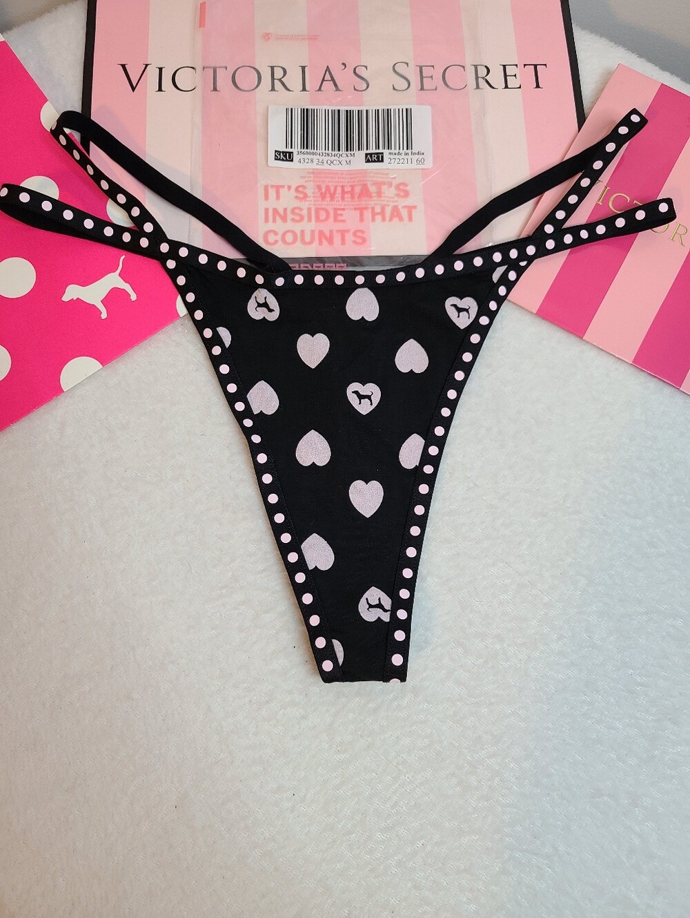 VS PINK Graphic Cotton High Leg Strappy V-string Thong Panty Size M